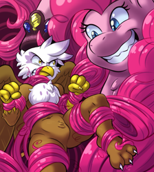 Size: 850x950 | Tagged: safe, artist:shaxbert, character:gilda, character:nightmare pinkie pie, character:pinkie pie, species:anthro, species:griffon, fanfic:sugarfree, bondage, claws, fanfic, fanfic art, hair, nightmarified, tangled up, tentacle bondage, tentacle hair