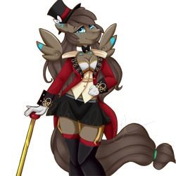 Size: 1024x1024 | Tagged: safe, artist:crecious, oc, oc only, species:anthro, species:pegasus, species:pony, anthro oc, bow tie, breasts, cane, cleavage, clothing, digital art, female, floating wings, garters, gloves, hat, mare, simple background, smiling, solo, stockings, thigh highs, top hat, transparent background