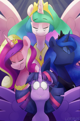 Size: 2528x3836 | Tagged: safe, artist:luximus17, character:princess cadance, character:princess celestia, character:princess luna, character:twilight sparkle, character:twilight sparkle (alicorn), species:alicorn, species:pony, alicorn tetrarchy, eyes closed, female, glowing eyes, mare, royal sisters, smiling, spread wings, wings