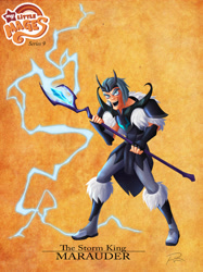 Size: 1867x2490 | Tagged: safe, artist:didj, character:storm king, species:human, my little pony: the movie (2017), armor, electricity, humanized, male, my little mages, open mouth, scepter, simple background, smiling, solo, staff, staff of sacanas