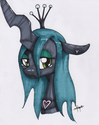 Size: 832x1044 | Tagged: safe, artist:shikogo, character:queen chrysalis, species:changeling, bust, changeling queen, female, floppy ears, looking at you, portrait, sad, solo, traditional art
