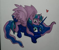 Size: 1073x900 | Tagged: safe, artist:shikogo, character:princess luna, character:twilight sparkle, character:twilight sparkle (alicorn), species:alicorn, species:pony, ship:twiluna, duo, female, heart, lesbian, prone, shipping, smiling, spread wings, tongue out, traditional art, wings