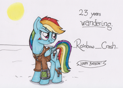 Size: 1024x731 | Tagged: safe, artist:shikogo, character:rainbow dash, species:pegasus, species:pony, birthday card, clothing, fallout, female, gun, jacket, leather jacket, pipbuck, smiling, solo, traditional art, weapon