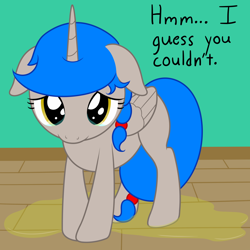Size: 2000x2000 | Tagged: safe, artist:nitei, oc, oc only, oc:sprite, species:alicorn, species:pony, accident, alicorn oc, floppy ears, implied pissing, potty failure, puddle, sad, solo, this will end in diapers, urine