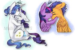 Size: 1024x686 | Tagged: safe, artist:malinraf1615, character:fancypants, character:flash sentry, character:rarity, character:twilight sparkle, character:twilight sparkle (alicorn), species:alicorn, species:pony, ship:flashlight, ship:raripants, cuddling, female, male, shipping, simple background, straight, transparent background, watermark