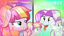 Size: 1288x724 | Tagged: safe, artist:yaycelestia0331, base used, character:coconut cream, character:toola roola, faec, line, smiling, text, tongue out