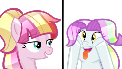 Size: 1288x724 | Tagged: safe, artist:yaycelestia0331, base used, character:coconut cream, character:toola roola, species:pony, duo, faec, line, mlem, silly, silly pony, simple background, tongue out, transparent background