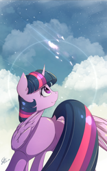 Size: 1200x1920 | Tagged: safe, artist:laptop-pone, character:twilight sparkle, character:twilight sparkle (alicorn), species:alicorn, species:pony, cloud, female, mare, plot, signature, sky, smiling, solo, twibutt, wide hips