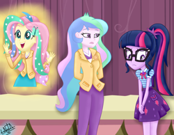 Size: 1550x1200 | Tagged: safe, artist:liniitadash23, character:fluttershy, character:princess celestia, character:principal celestia, character:twilight sparkle, character:twilight sparkle (scitwi), species:eqg human, episode:horse play, g4, my little pony: equestria girls, my little pony: friendship is magic, my little pony:equestria girls, bow tie, clothing, cosplay, costume, cute, equestria girls interpretation, geode of telekinesis, glasses, hands behind back, magical geodes, open mouth, pants, ponytail, sad, scene interpretation, shyabetes, shylestia, skirt, stage