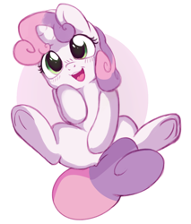 Size: 854x1001 | Tagged: safe, artist:angrylittlerodent, character:sweetie belle, species:pony, species:unicorn, blushing, censored, cute, diasweetes, female, filly, looking at you, lying down, open mouth, smiling, solo, style emulation