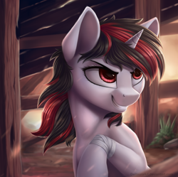 Size: 2922x2910 | Tagged: safe, artist:deltauraart, oc, oc:blackjack, species:pony, species:unicorn, fallout equestria, fallout equestria: project horizons, bandage, female, mare, smiling, solo