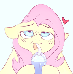 Size: 680x692 | Tagged: safe, alternate version, artist:angrylittlerodent, character:fluttershy, species:pony, 30 minute art challenge, bedroom eyes, cute, drinking, female, floppy ears, food, heart, junk food, looking up, mare, milkshake, shyabetes, simple background, sprinkles, straw, tongue out, whipped cream