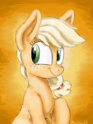 Size: 1200x1600 | Tagged: safe, artist:jimmyjamno1, character:applejack, species:earth pony, species:pony, female, freckles, gradient background, happy, hatless, mare, missing accessory, smiling, solo