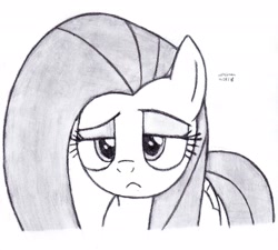 Size: 2526x2272 | Tagged: safe, artist:drchrisman, character:fluttershy, species:pony, female, mare, monochrome, skeptical, traditional art