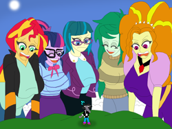 Size: 1700x1279 | Tagged: safe, artist:final7darkness, character:adagio dazzle, character:juniper montage, character:sunset shimmer, character:twilight sparkle, character:twilight sparkle (scitwi), character:wallflower blush, oc, oc:checkerboard, species:eqg human, equestria girls:forgotten friendship, equestria girls:rainbow rocks, g4, my little pony: equestria girls, my little pony:equestria girls, bow tie, breasts, clothing, equestria girls-ified, eyes closed, female, frown, giantess, glasses, jacket, laughing, leather jacket, macro, one eye closed, open mouth, pick one, skirt, wink