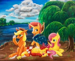 Size: 1024x828 | Tagged: safe, artist:colorsceempainting, character:apple bloom, character:applejack, character:fluttershy, character:sunburst, acrylic painting, canvas, cloud, commission, paint, painting, picnic blanket, scenery, traditional art, tree, water