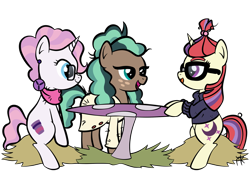 Size: 2893x2039 | Tagged: safe, artist:pony4koma, character:minty mocha, character:moondancer, character:raspberry latte, species:earth pony, species:pony, species:unicorn, episode:the parent map, g4, bathrobe, best friends, clothing, coffee, female, freckles, glasses, gravity falls, just friends, mabel pines, mare, ponyville, reference, robe, simple background, sire's hollow, sweater, table, transparent background