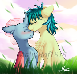 Size: 695x666 | Tagged: safe, artist:malinraf1615, character:ocellus, character:sandbar, species:changeling, species:pony, species:reformed changeling, ship:ocelbar, episode:school daze, g4, my little pony: friendship is magic, chest fluff, cute, diaocelles, ear fluff, female, floppy ears, male, obtrusive watermark, romantic, sandabetes, shipping, straight, teenager, watermark