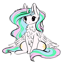 Size: 1024x1024 | Tagged: safe, artist:purediamond360, character:princess celestia, species:alicorn, species:pony, amaterasu, black sclera, chest fluff, chibi, cute, female, fluffy, mare, neck feathers, simple background, sitting, solo, white background