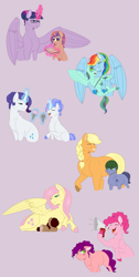 Size: 2500x4942 | Tagged: safe, artist:ganashiashaka, character:applejack, character:fluttershy, character:pinkie pie, character:rainbow dash, character:rarity, character:twilight sparkle, character:twilight sparkle (alicorn), oc, oc:azure glitter, oc:dawn dreamer, oc:feather dart, oc:grease spot, oc:pinni, oc:speckle heart, parent:applejack, parent:cheese sandwich, parent:fancypants, parent:fluttershy, parent:pinkie pie, parent:rainbow dash, parent:rarity, parent:soarin', parent:sunburst, parent:twilight sparkle, parent:zephyr breeze, parents:cheesepie, parents:raripants, parents:soarinjack, parents:twiburst, parents:zephdash, species:alicorn, species:pony, adopted offspring, blushing, book, female, flag, food, helmet, ice cream, magic, male, mane six, megaphone, mother and daughter, mother and son, offspring, purple background, simple background