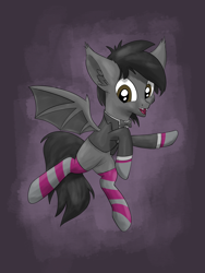 Size: 1500x2000 | Tagged: safe, artist:litrojia, oc, oc only, species:bat pony, species:pony, abstract background, bat pony oc, bow tie, clothing, flying, looking at you, male, smiling, socks, solo, spread wings, stallion, striped socks, suit, tuxedo, wings