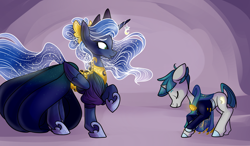 Size: 6000x3500 | Tagged: safe, artist:heyerika, character:princess luna, character:stygian, species:alicorn, species:pony, species:unicorn, bowing, clothing, dress, ethereal mane, eyes closed, female, galaxy mane, horn jewelry, male, mare, raised hoof, stallion, suit