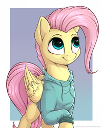 Size: 1392x1748 | Tagged: safe, artist:deltauraart, character:fluttershy, species:pegasus, species:pony, bottomless, clothing, cute, female, gradient background, hoodie, mare, partial nudity, shyabetes, smiling, solo, sweater, sweatershy
