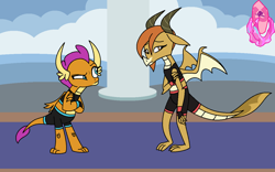 Size: 1024x638 | Tagged: safe, artist:author92, edit, edited screencap, screencap, character:ocellus, character:smolder, species:changeling, species:dragon, alternate costumes, clothing, disguise, disguised changeling, dragon ocellus, dragoness, female, mma, sports bra