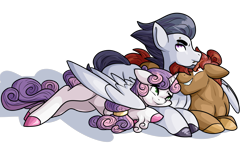 Size: 5500x3500 | Tagged: safe, artist:heyerika, character:button mash, character:rumble, character:sweetie belle, species:earth pony, species:pegasus, species:pony, species:unicorn, ship:rumbelle, bisexual, colored hooves, cuddling, female, gay, hug, looking at each other, male, mare, older, ot3, piercing, polyamory, rumbellemash, rumblemash, shipping, simple background, stallion, straight, sweetiemash, transparent background, unshorn fetlocks, winghug