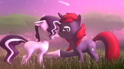 Size: 1024x576 | Tagged: safe, artist:okimichan, oc, oc only, oc:curse word, oc:magpie, species:pony, species:unicorn, 3d, female, lesbian, mare, pansexual