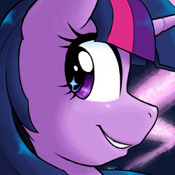 Size: 1500x1500 | Tagged: safe, artist:zaron, artist:zaronart, character:twilight sparkle, character:twilight sparkle (alicorn), species:alicorn, species:pony, abstract background, bust, female, looking at you, looking back, mare, smiling, smirk, solo, starry eyes, wingding eyes