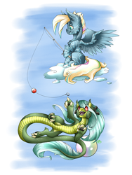 Size: 576x768 | Tagged: safe, artist:bluekite-falls, artist:sky-railroad, oc, oc only, unnamed oc, species:dragon, species:pegasus, species:pony, cloud, dragon oc, fishing, fishing rod, hooves, male, on a cloud, original species, pearl, simple background, sitting on a cloud, spread wings, stallion, stripes, wings
