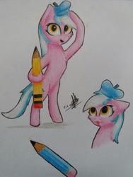 Size: 774x1032 | Tagged: safe, artist:ironbeastz, oc, oc:sketch pad, species:earth pony, species:pony, beret, bipedal, clothing, female, hat, mare, pencil, solo, traditional art