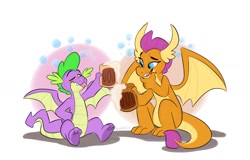 Size: 1280x818 | Tagged: safe, artist:thedoggygal, character:smolder, character:spike, species:dragon, ship:spolder, episode:molt down, g4, my little pony: friendship is magic, alcohol, beer, blushing, cider, commission, dragoness, drinking, drunk, drunker spike, duo, female, forked tongue, male, mug, shipping, straight, tankard, winged spike, wings