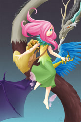 Size: 1139x1719 | Tagged: safe, artist:didj, character:discord, character:fluttershy, species:draconequus, species:human, artificial wings, augmented, bag, barefoot, butterfly wings, clothing, dress, feet, female, fluffy, flying, gradient background, gritted teeth, hair over one eye, holding hands, humanized, lidded eyes, long skirt, magic, magic wings, male, my little mages, purse, satchel, skirt, smiling, smirk, spread wings, wide eyes, wings