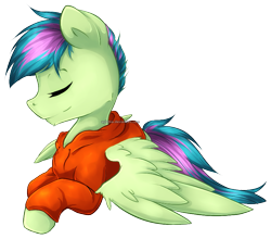Size: 821x724 | Tagged: safe, artist:agletka, oc, species:pegasus, species:pony, clothing, commission, eyes closed, hoodie, lying down, male, peaceful, simple background, solo, stallion, transparent background, wings, ych result