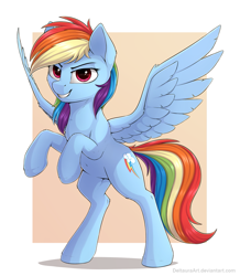 Size: 1337x1535 | Tagged: safe, artist:deltauraart, character:rainbow dash, species:pegasus, species:pony, abstract background, belly button, chest fluff, cute, dashabetes, ear fluff, female, leg fluff, looking at you, mare, rearing, redraw, solo, spread wings, tan background, wing fluff, wings