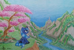 Size: 2728x1833 | Tagged: safe, artist:ironbeastz, character:princess luna, species:pony, female, river, sitting, solo, traditional art, tree, valley