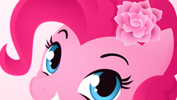 Size: 1920x1080 | Tagged: safe, artist:gingermint, artist:icekatze, character:pinkie pie, species:earth pony, species:pony, bust, female, flower, gradient background, lineless, mare, portrait, smiling, solo, teeth, wallpaper