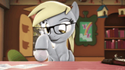 Size: 1280x720 | Tagged: safe, artist:lunati, character:derpy hooves, species:pony, 3d, 48 fps, animated, ball, blinking, book, bookshelf, chocolate, cute, derp, derpabetes, explicit source, eyebrows, female, fluttershy's cottage, food, glasses, loop, paper, playing, smiling, sound, source filmmaker, sun, table, toy, tree, webm, window