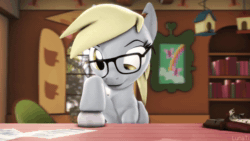 Size: 1280x720 | Tagged: safe, artist:lunati, character:derpy hooves, species:pony, 3d, 48 fps, animated, ball, blinking, book, bookshelf, chocolate, cute, derp, derpabetes, explicit source, explosion, eyebrows, female, fluttershy's cottage, food, glasses, paper, playing, smiling, sound, source filmmaker, sun, table, toy, tree, webm, window