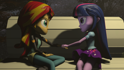 Size: 1920x1080 | Tagged: safe, artist:oc1024, edit, part of a set, character:sunset shimmer, character:twilight sparkle, ship:sunsetsparkle, my little pony:equestria girls, 3d, bench, female, lesbian, night, part of a series, shipping, sitting, source filmmaker