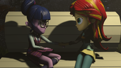 Size: 1920x1080 | Tagged: safe, artist:oc1024, edit, part of a set, character:sunset shimmer, character:twilight sparkle, character:twilight sparkle (scitwi), species:eqg human, ship:scitwishimmer, ship:sunsetsparkle, my little pony:equestria girls, 3d, bench, female, lesbian, night, part of a series, shipping, sitting, source filmmaker