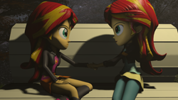 Size: 1920x1080 | Tagged: safe, artist:oc1024, derpibooru original, edit, part of a set, character:sunset shimmer, my little pony:equestria girls, 3d, bench, duality, female, human paradox, lesbian, night, part of a series, self paradox, selfcest, shimshim, shipping, sitting, source filmmaker