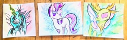 Size: 1024x325 | Tagged: safe, artist:colorsceempainting, character:queen chrysalis, character:starlight glimmer, character:thorax, species:changeling, species:reformed changeling, traditional art, watercolour