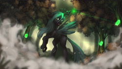 Size: 4000x2250 | Tagged: safe, artist:blackligerth, character:queen chrysalis, species:changeling, episode:the mean 6, g4, my little pony: friendship is magic, changeling queen, everfree forest, female, forest, former queen chrysalis, magic, solo, tree