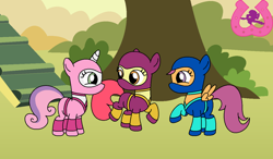 Size: 1024x596 | Tagged: safe, artist:author92, character:apple bloom, character:scootaloo, character:sweetie belle, species:earth pony, species:pegasus, species:pony, species:unicorn, alternate costumes, clothing, clubhouse, crusaders clubhouse, cutie mark crusaders, kunoichi, mask, ninja