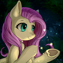 Size: 1024x1024 | Tagged: safe, artist:rikadiane, character:fluttershy, species:pegasus, species:pony, female, firefly, forest, heart, hoof heart, mare, night, smiling, solo, underhoof, updated