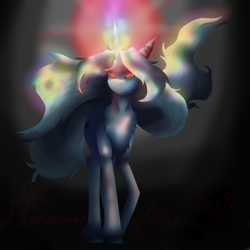 Size: 5800x5800 | Tagged: safe, artist:florarena-kitasatina/dragonborne fox, species:pony, species:unicorn, absurd resolution, augmented, chest fluff, crossover, cybernetic eyes, dat mane tho, female, flowing mane, glowing eyes, glowing eyes of doom, head tilt, ow the edge, red eyes take warning, signature, simple background, sinister smile, solo, starbreaker (sora), staring into your soul, the fourth wall cannot save you, this will end in tears and/or death, this will end in tears and/or death and/or ashes, torn ear, unshorn fetlocks, watermark, what a lovely pony to meet in the middle of the night