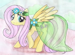 Size: 989x719 | Tagged: safe, artist:astevenamedwolf, character:fluttershy, species:pegasus, species:pony, backing away, clothing, dress, female, headdress, looking at you, mare, raised hoof, see-through, solo, spread wings, traditional art, watercolor painting, wings